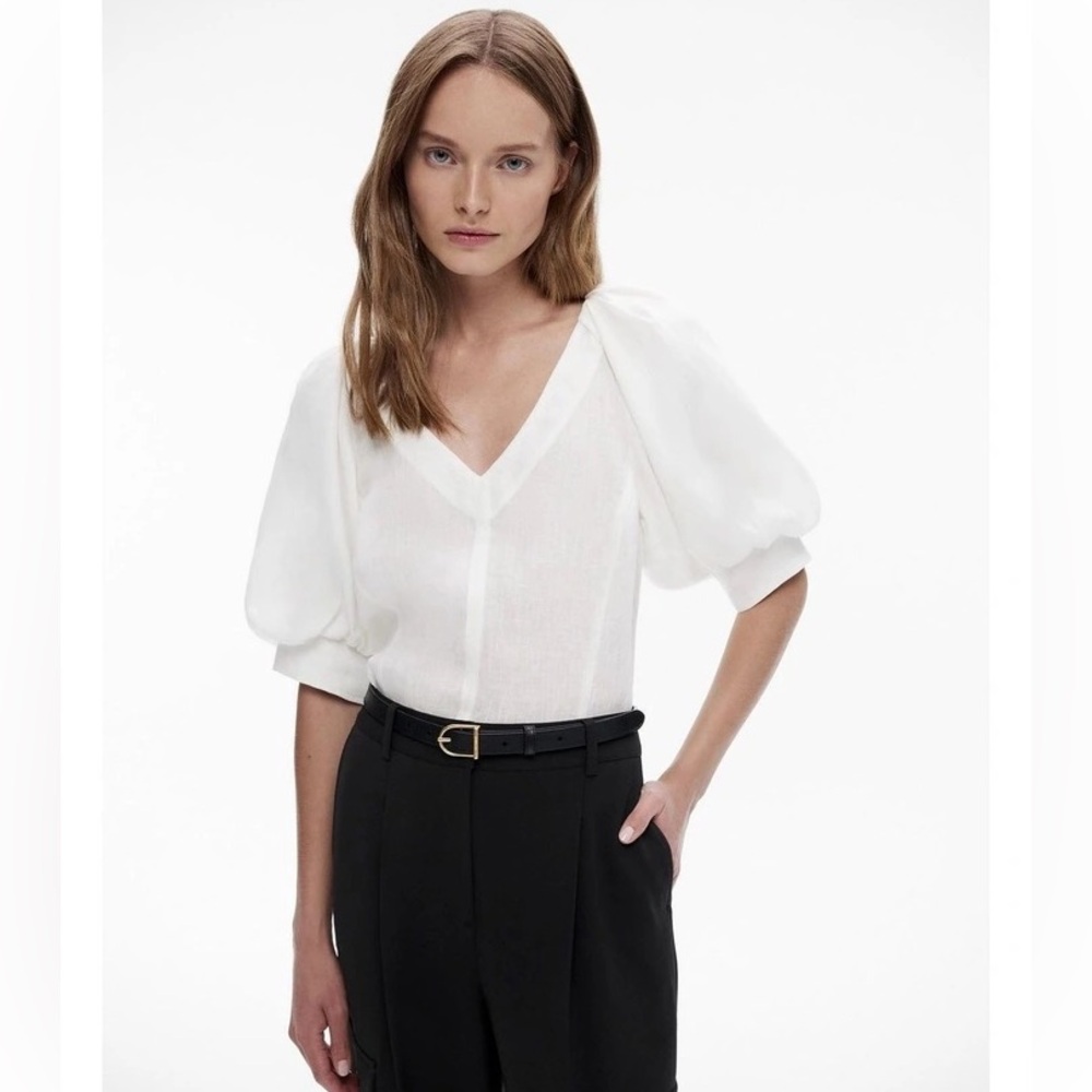 Witchery French Linen Puff Sleeve Blouse in Chalk